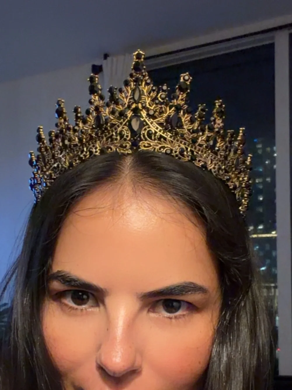 Gold and Black Jeweled Tiara Crown - Elegant Women's Headpiece
